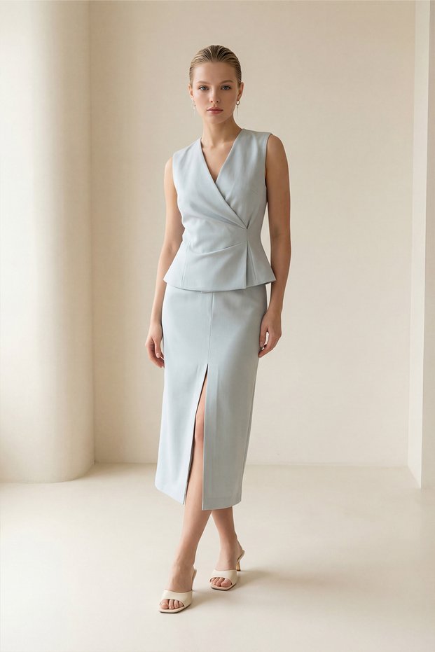 Baby blue front slit detailed full mold midi length skirt