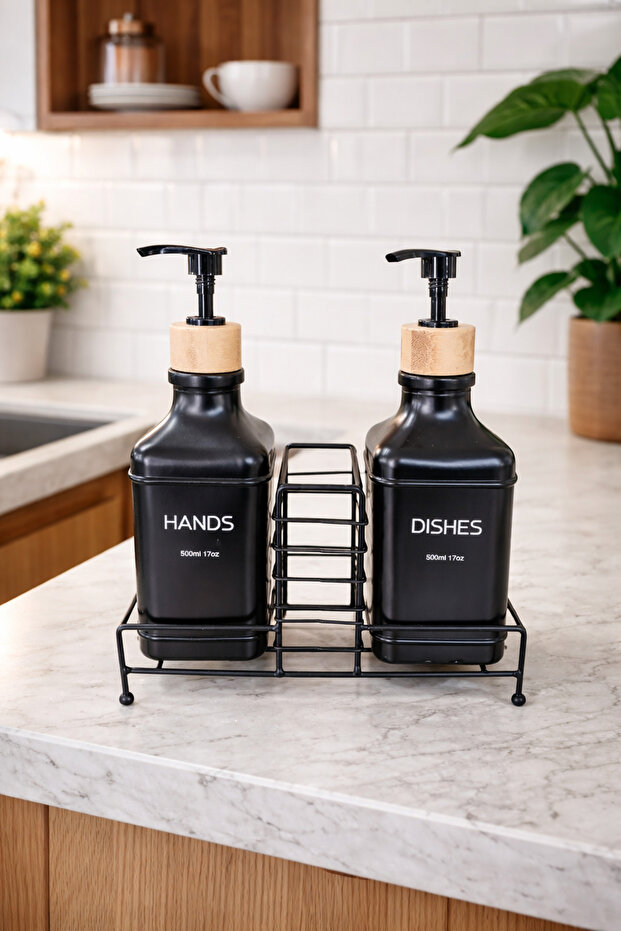Double Glass Liquid Soap Dispenser & Detergent Dispenser Set with Stand and Bamboo Lid – 2×500 Ml, 22.5 × 8.5 × 24 cm