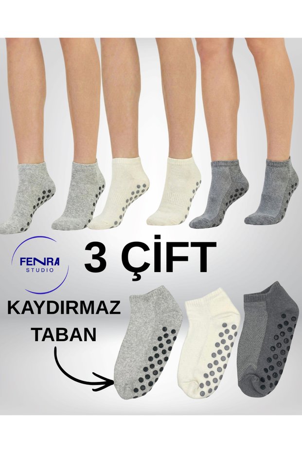 3-Piece Gray Cream Cotton Sole Towel Non-Slip Sole Yoga Pilates Tawaf Hajj Umrah Booties Home Socks