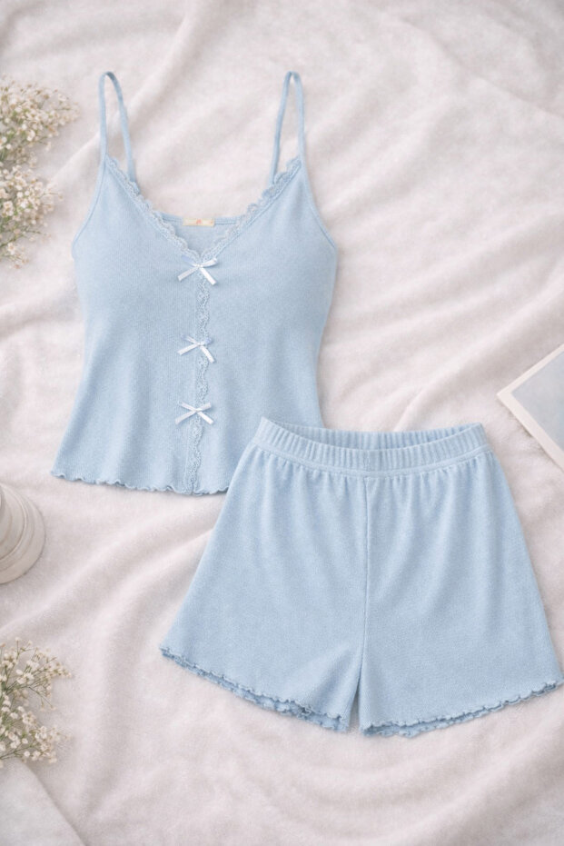 Women's Thin Strap Lace Bow Cotton Shorts Pajamas Set