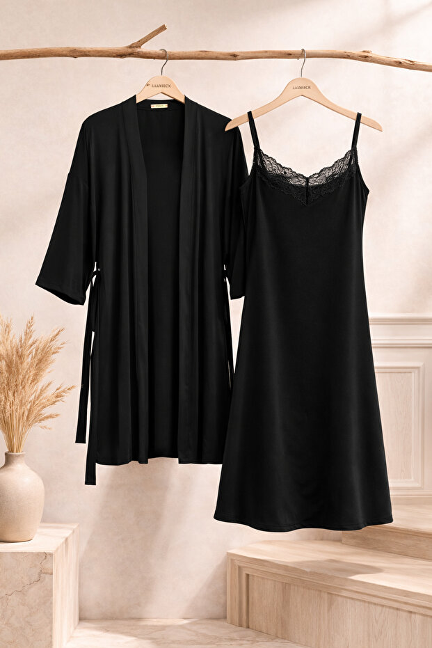 Women's Viscose - Soft Textured Double Lace Nightgown Dressing Gown Set