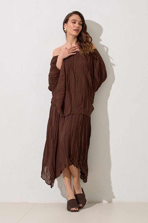 Coffee Relaxed Fit Blouse Midi Size Asymmetrical Skirt Suit