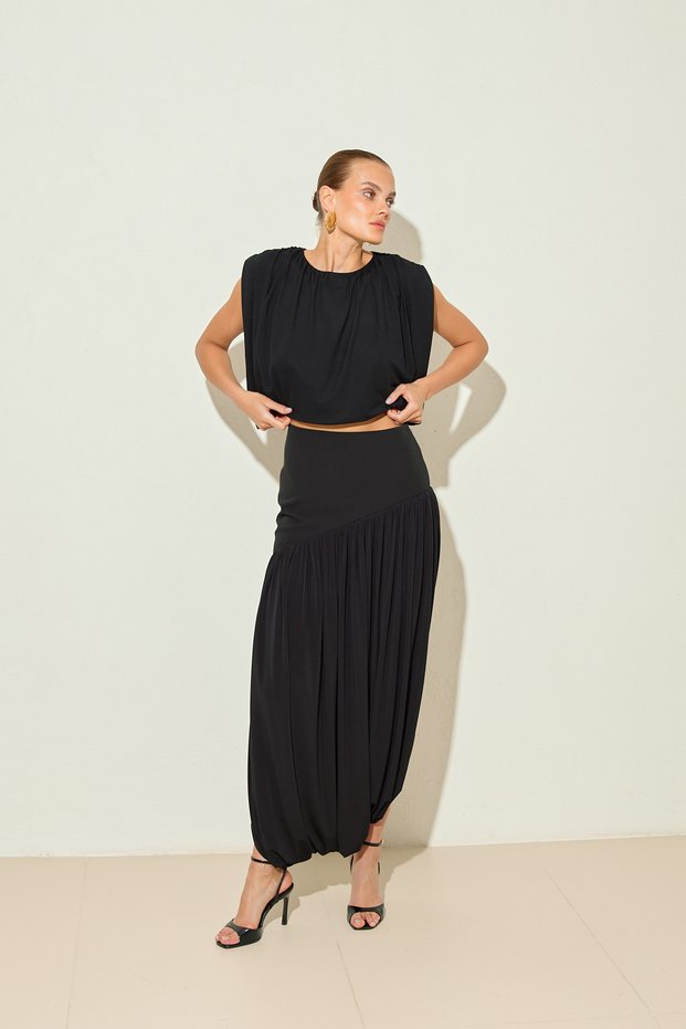 Black Draped Blouse with Pleated Detail and Full-Fit Skirt