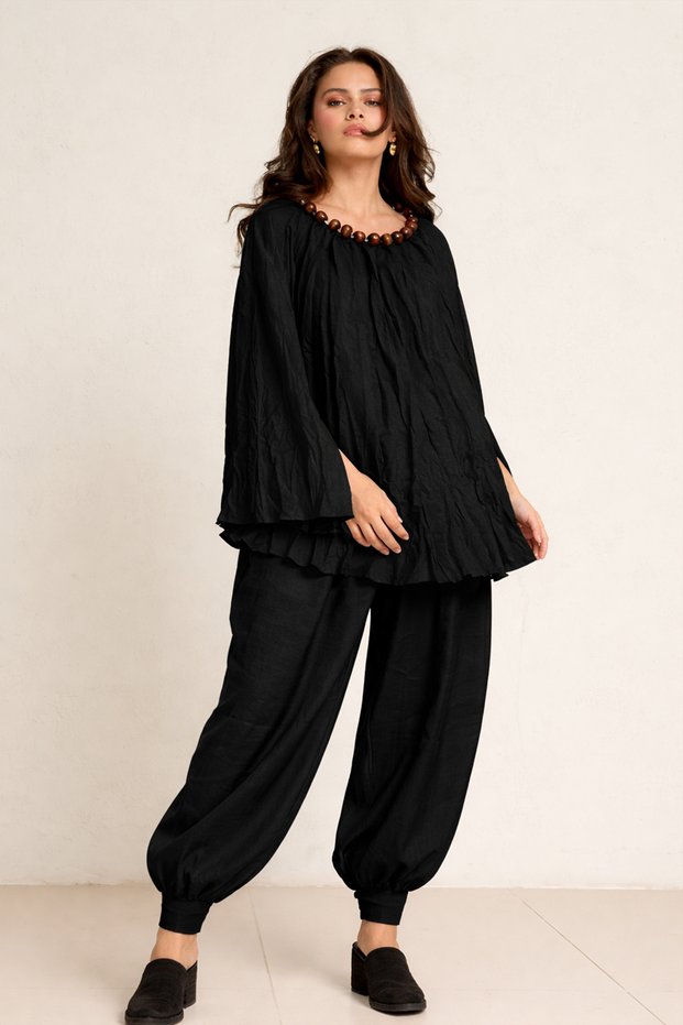 Black Halter Neck Blouse with Accessories and Sleeve Detail, Flowy Comfortable Cut
