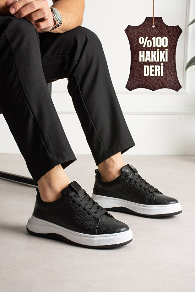 Atlas Genuine Leather Black Men's Classic Lace-Up White Thick Sole Casual Sneaker
