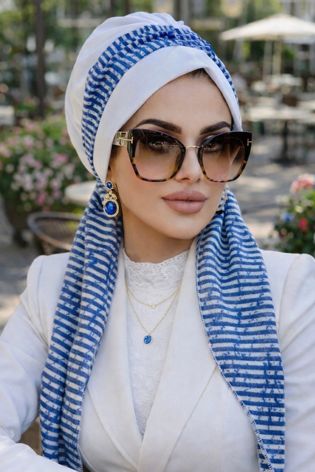 غطاء محرك السيارة باللون الأبيض مع وشاح بنمط الخط الأزرق