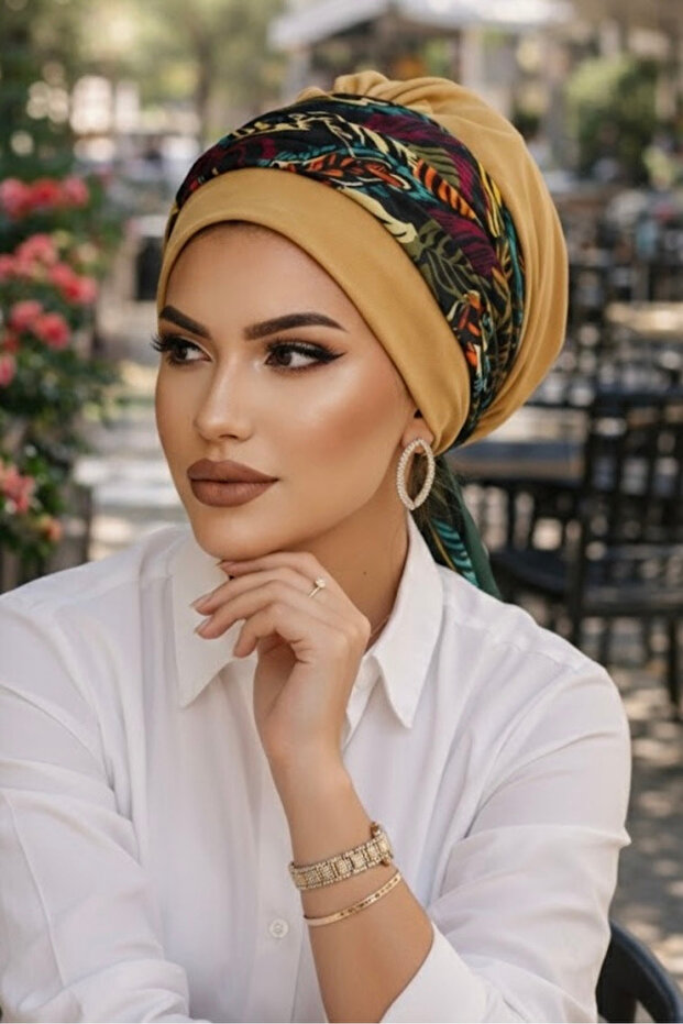 Camel Leaf Patterned Ready-Made Bonnet with Straps - 2