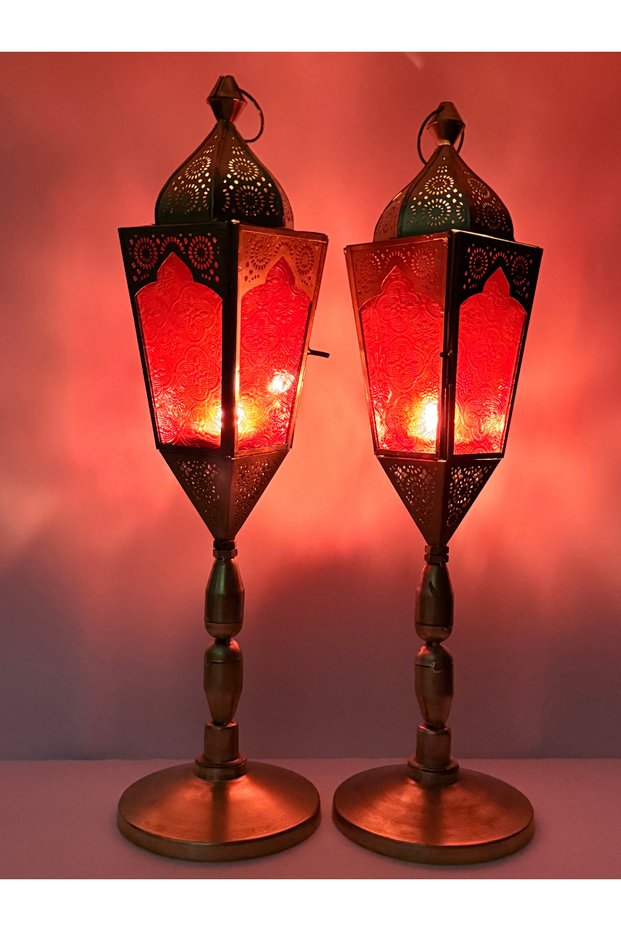 Ramadan Lantern Set of 2 – Large Lanterns For Decor | Moroccan Outdoor Lantern Ramadan Decorations Decor Fanoos Candle Holder Arabic Eid Gift (Red Pole Lantern, 49x13)