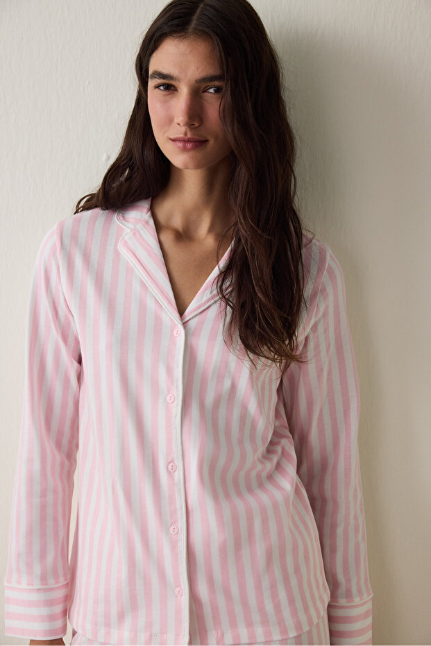 Hellrosa Baumwoll-Pyjama-Set mit langen Ärmeln - 2