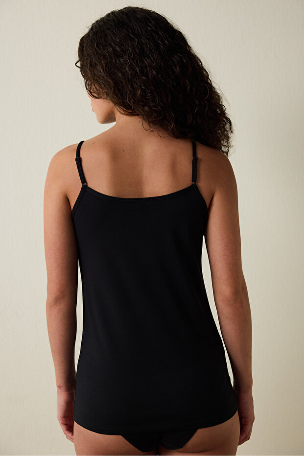Black V-Neck Adjustable Strap Cotton Undershirt - 4