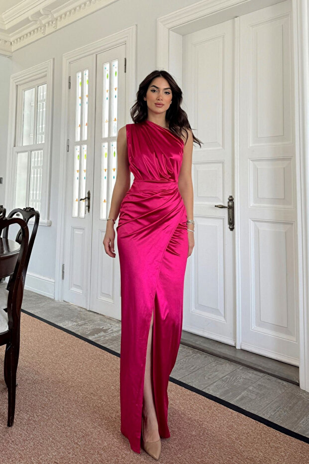 Fiona One Sleeve Draped Satin Fuchsia Evening Dress