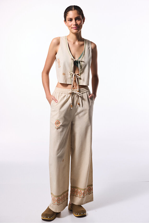 Steinfarbenes Boho-Leinen-Top - 4