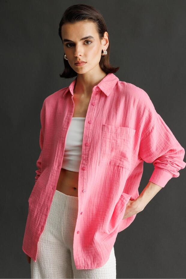 3833 Women's Oversize Pocket Muslin Shirt Pink