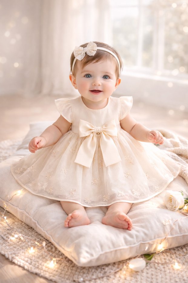 Baby Girl Ribbon Detailed Sequin Embroidered Dress 9-12-18-24 Months