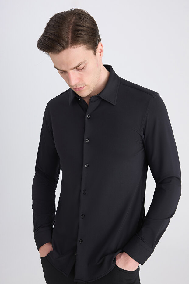 Slim Fit Siyah Örme Gömlek - 4