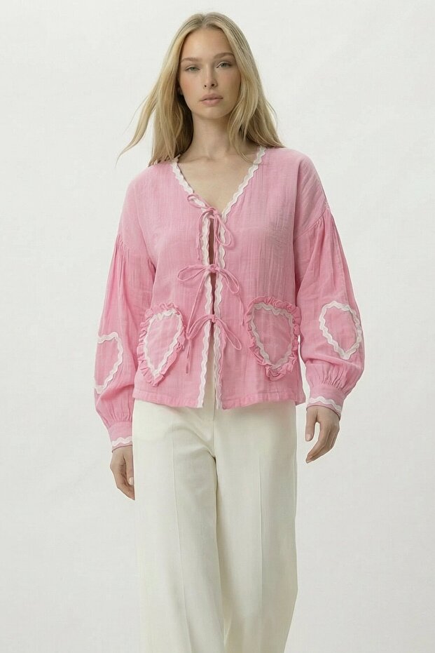 Pink Heart Embroidered Tie-Detail Transitional Jacket