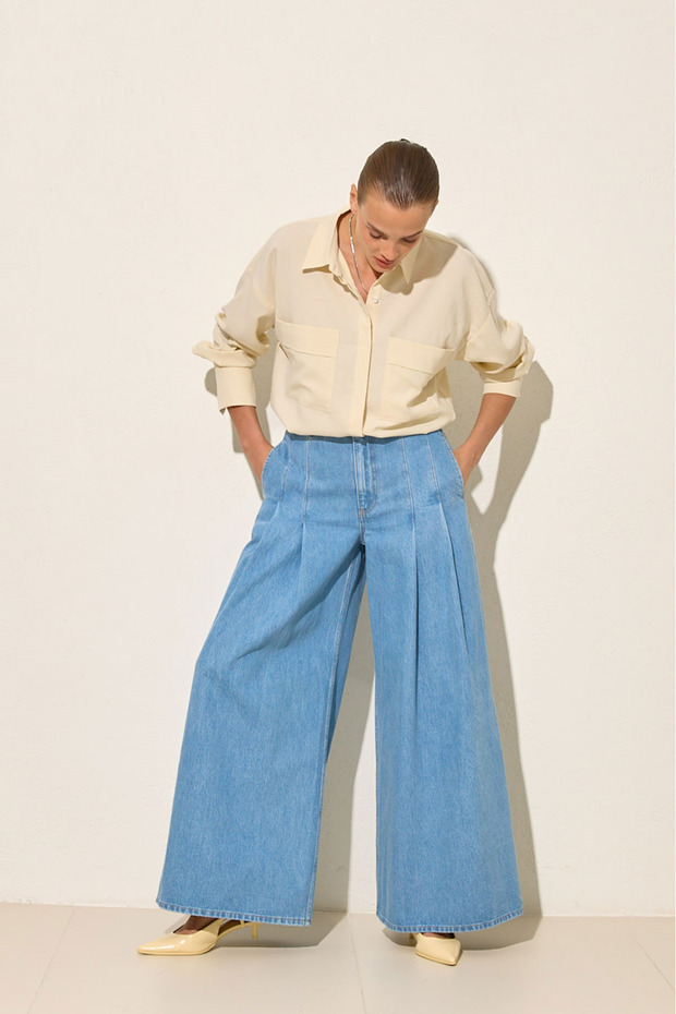 Blue 100% Cotton Relaxed Fit Jean with Pleated Detail