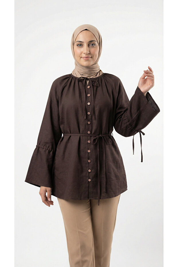Nurşen Sleeveless Crimped Collar Shirt-Zn2098 Brown
