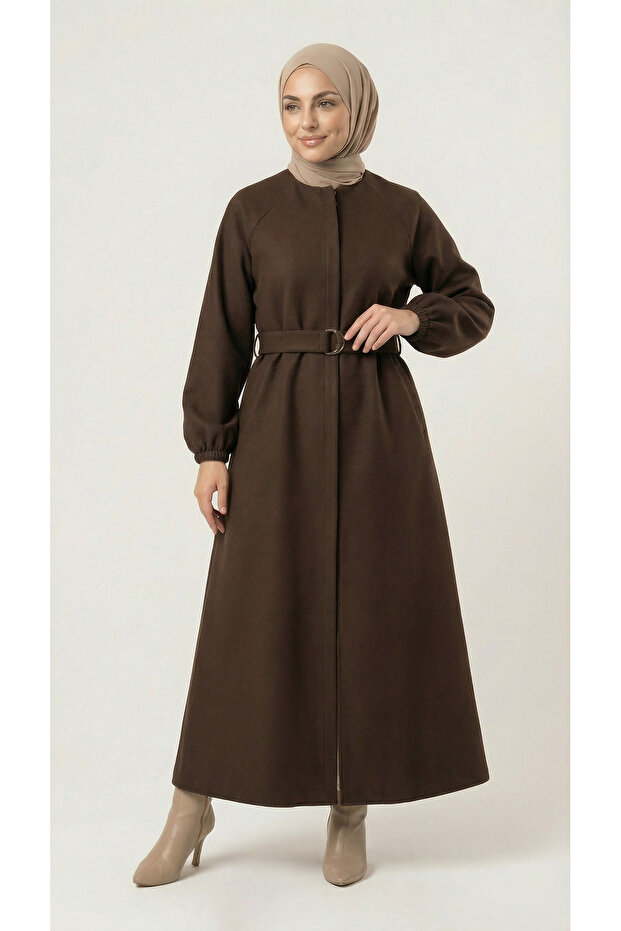 Fatoma Coat with Elasticated Sleeves and Hidden Zipper-Nl1181 Brown