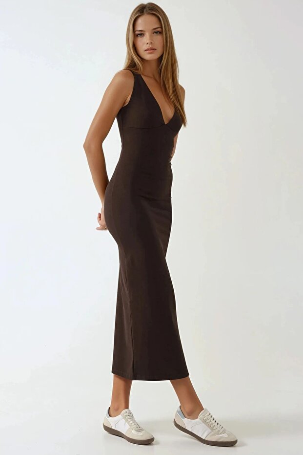 Slim Fit V Yaka Basic Midi Elbise Busem Collection - 3