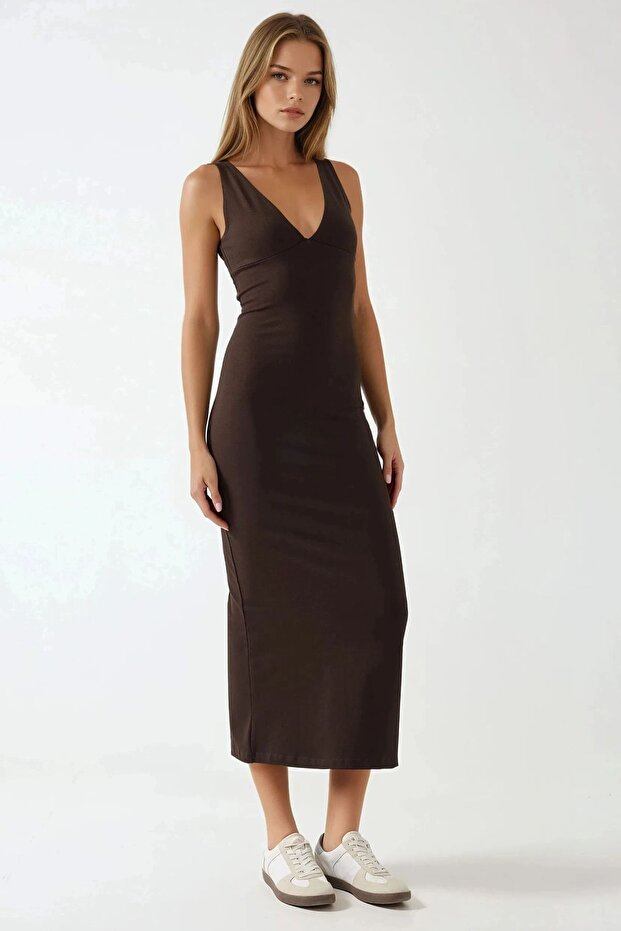 Slim Fit V Yaka Basic Midi Elbise Busem Collection - 6