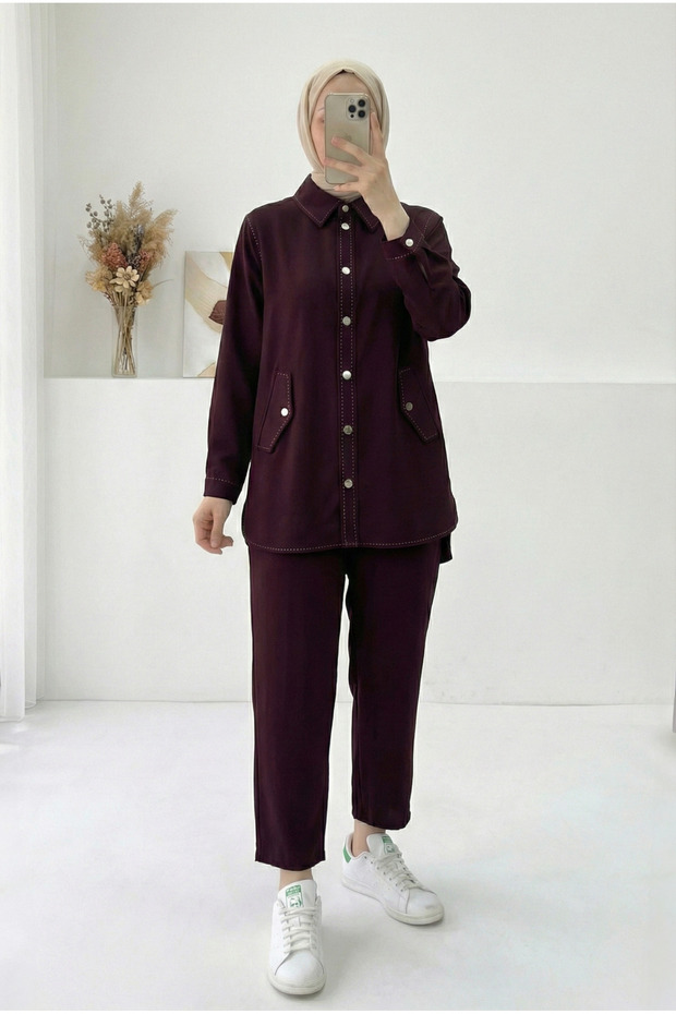 Bala Metal Buttoned Double Pocket Almond Stitched Trousers Suit-Şa1036 Plum