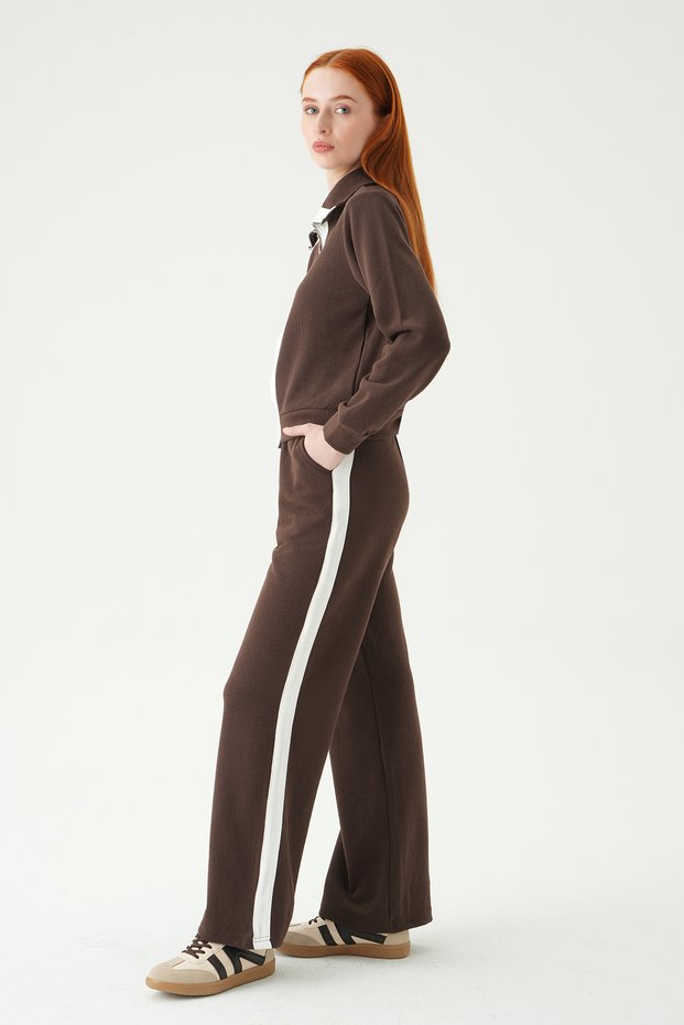 Coffee Striped Cardigan Trouser Set 3085A