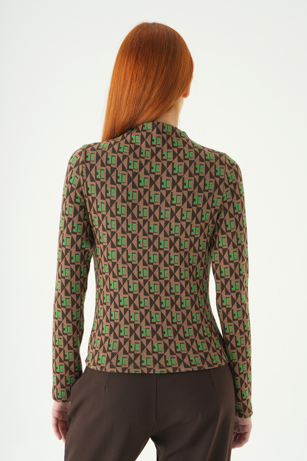 242143 Patterned Stand Collar Blouse Green - 5
