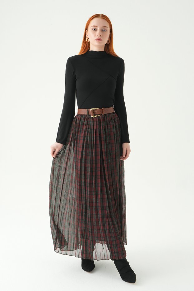 Plum Pleated Skirt Belt Piece Set 8453A