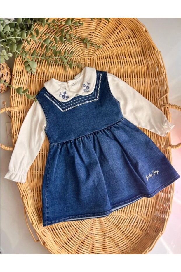 Jasmine Flower Embroidery Blouse and Denim Dress
