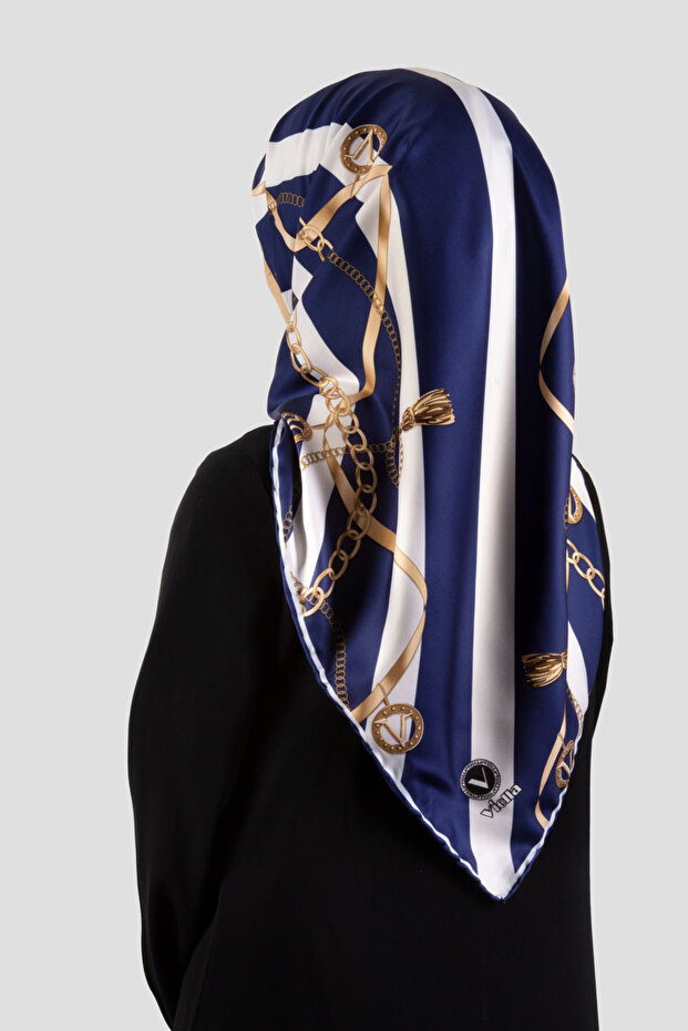 Twill Striped Belt and Zinci Patterned Cream Colored 90X90 Scarf (Does Not Contain Silk) Edge Stitching Shape Hand Sewn