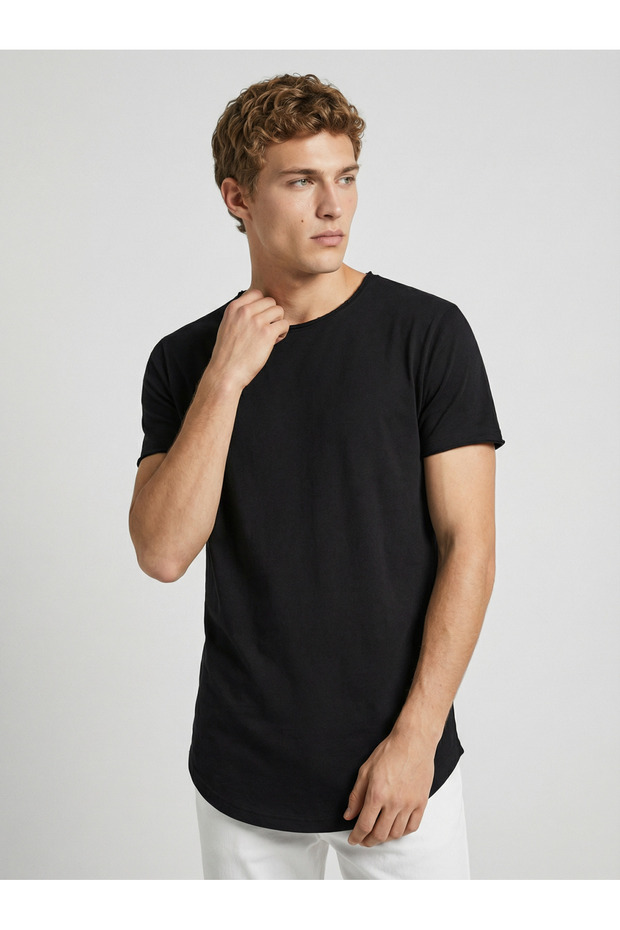 Slim Fit Siyah Oval Uzun Basic T-shirt - 3