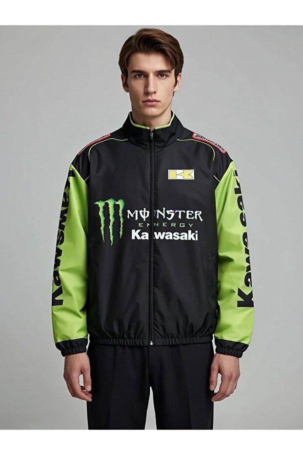 Green Kawasaki Unisex Parachute Fabric Oversized Printed Black Windbreaker Raincoat Thin Jacket