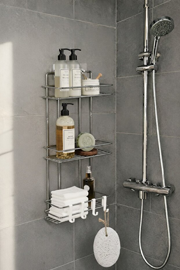 3-Tier Chrome Adhesive Bathroom Shelf, Shampoo Holder Organizer with 2 Hooks, Metal Bath Rack