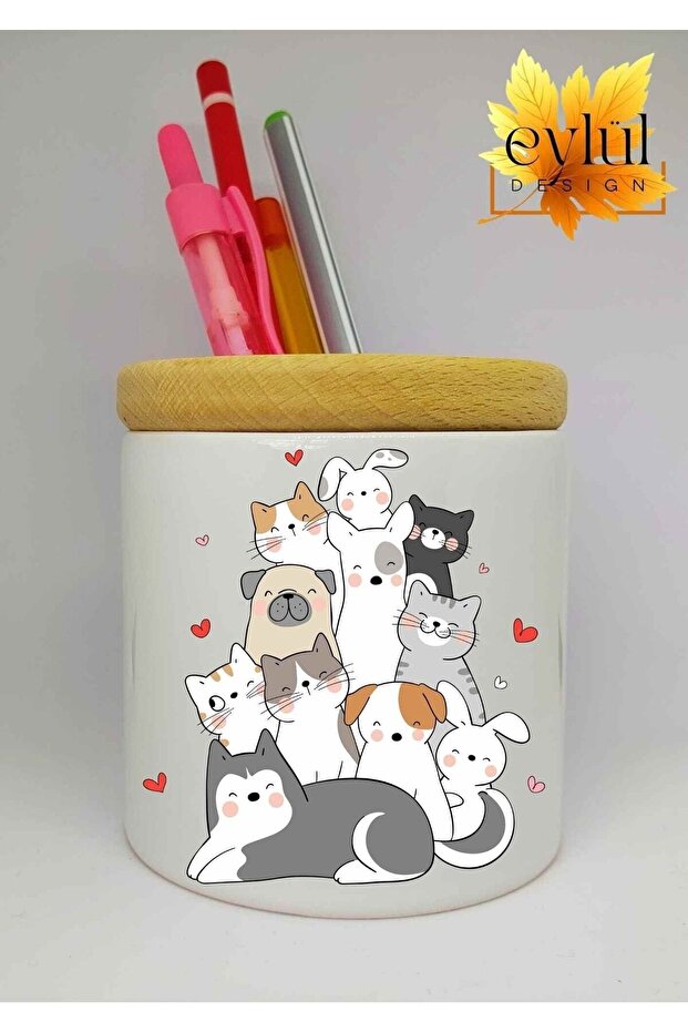 Cute Cats Printed Ceramic Pen Holder Makeup Brush Box with Wooden Detail Pencil Box