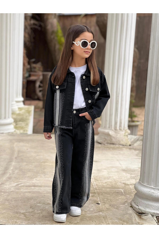 Girls' Striped Stone-Embellished Black Denim Pants and Denim Jacket Set - Holiday
