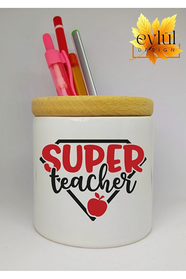 Teacher Themed Printed Ceramic Pen Holder Wooden Detailed Pen Box Teacher's Day Gift