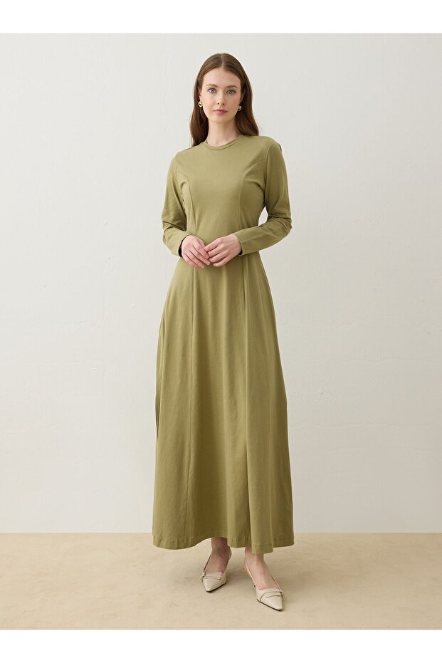 Bel Detaylı A Form Basic Tesettür Elbise - Açık Haki - - 2