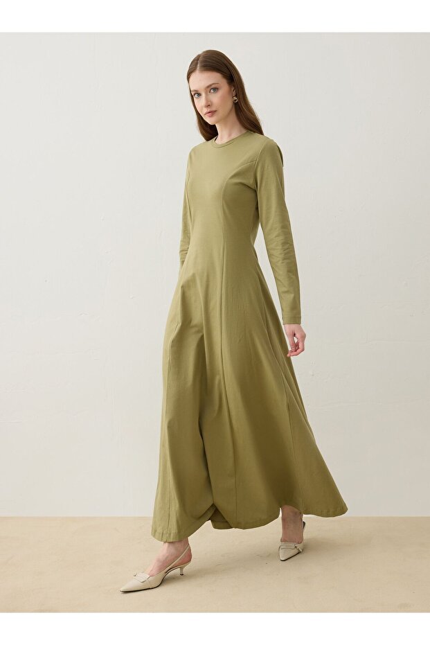 Bel Detaylı A Form Basic Tesettür Elbise - Açık Haki - - 4