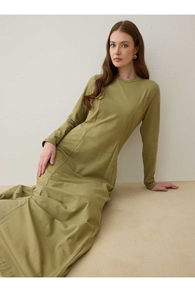 Bel Detaylı A Form Basic Tesettür Elbise - Açık Haki - - 3