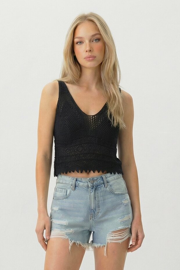 Siyah Askılı Ajurlu Örme Crop Bluz - 1