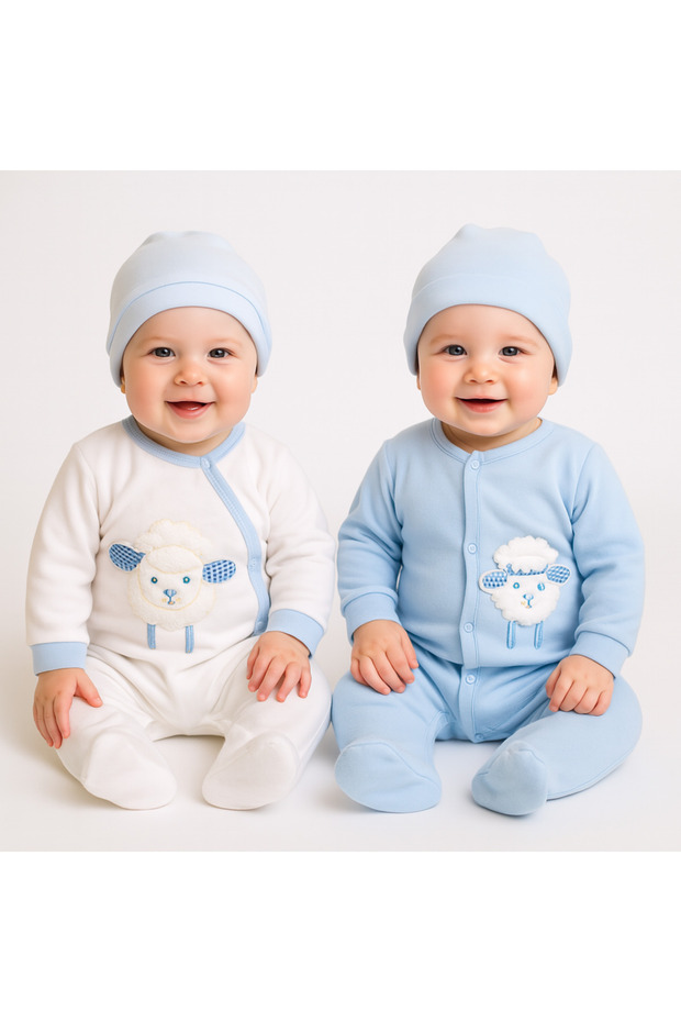 Blue and White Color Lamb Figured Jumpsuit Set of 2