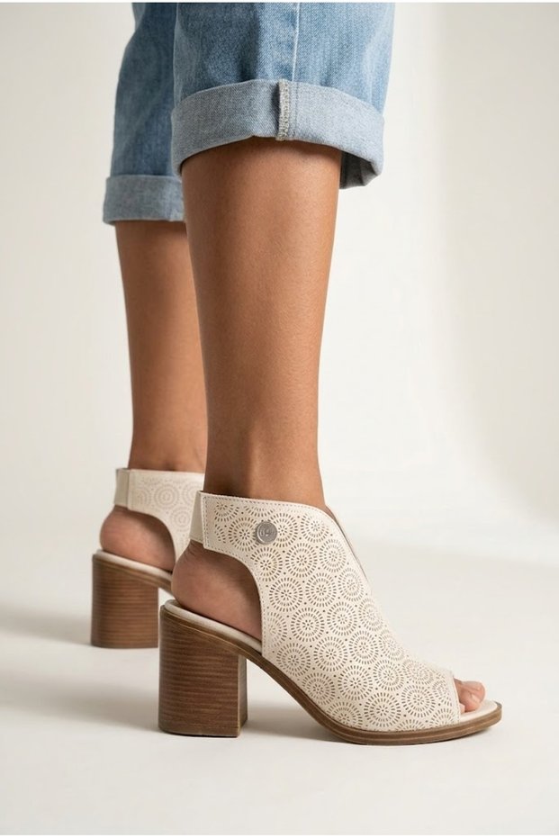 Women's Leather Sandals Shoes - High Heel - Patterned Upper - Cream Beige - D25Ys-2915
