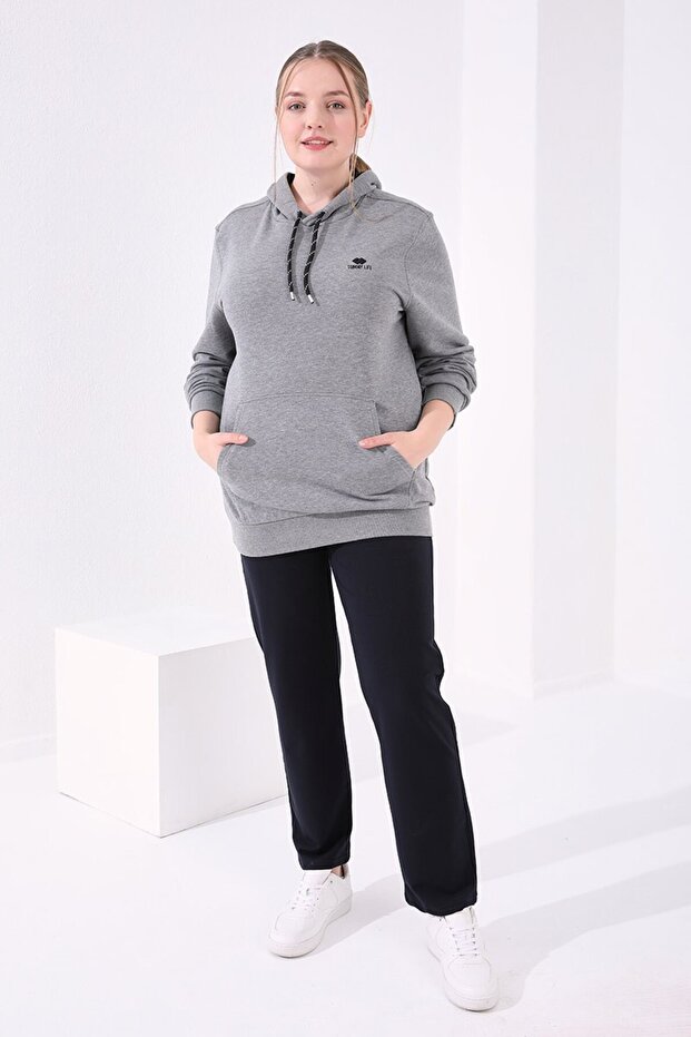 Navy Blue Classic Leg Stone Detailed Women's Large Size Tracksuit Bottom - 94040