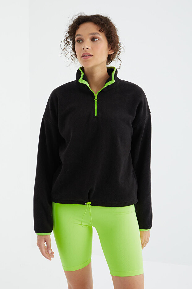 Black Half Zipper, Gathered Hem, High Collar, Standard Fit Women's Fleece Sweatshirt - 97234