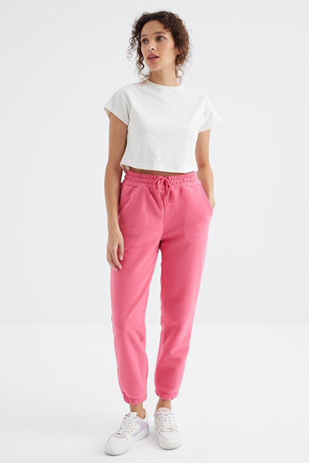 Candy Pink High Waist Basic Lace-Up Jogger Fleece Women's Tracksuit Bottom - 94622