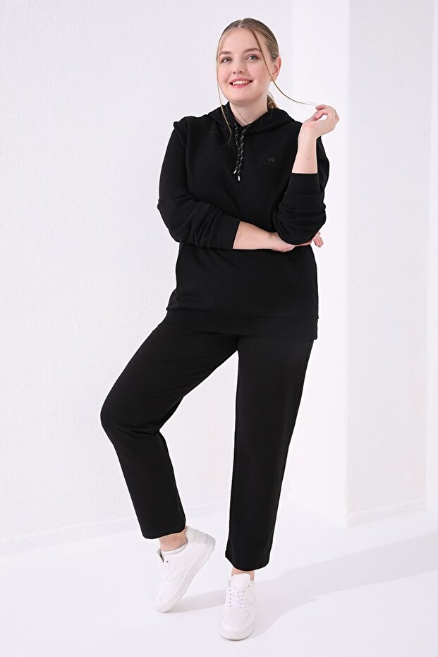 Black Classic Leg Stone Detailed Women's Large Size Tracksuit Bottom - 94040