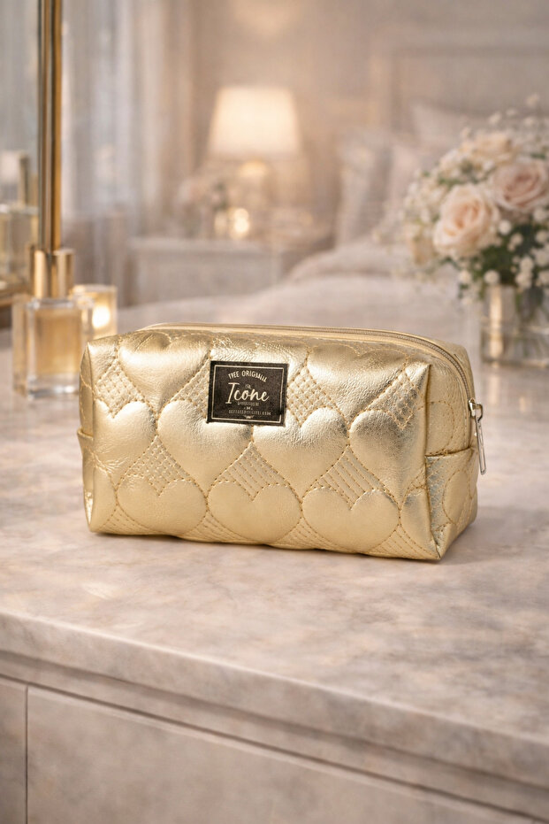 Heart Quilted Embroidered Metallic Gold Color Makeup Bag Pcs, Gold Metallic Makeup Bag Pcs