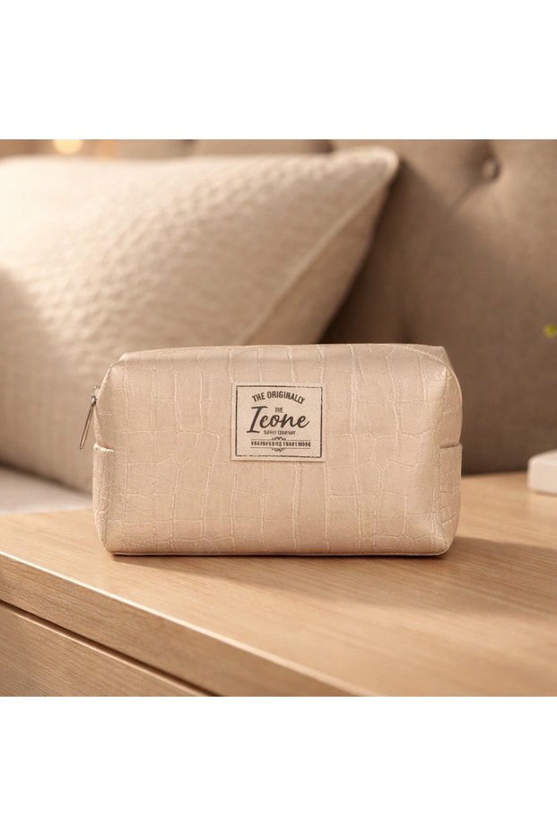 Croco Textured Faux Leather Makeup Bag Si Pen Holder, Beige Makeup Bag Si, Beige Croco Faux Makeup Bag Si