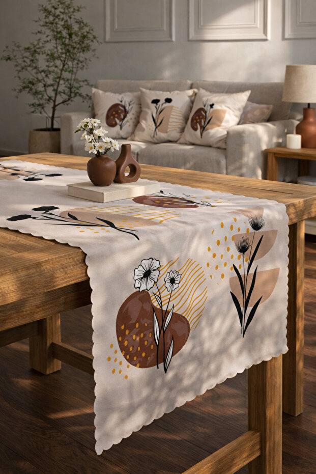 Spring Flowers Patterned Brown Lines Patterned Digital Printed Decorative Runner - 1